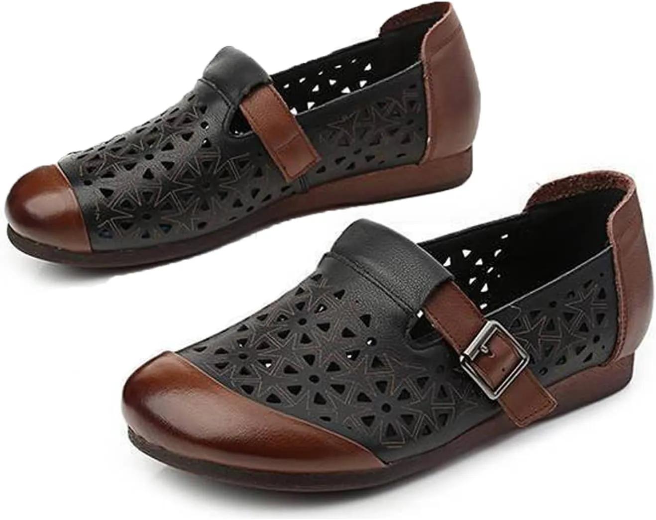 Women's Leather Hollow Flats Loafers,Fashion Side Adjustable Buckle Slip On Comfortable Lightweight Causal Sandals Round Toe Driving Walking Shoe Elegant Soft Sole Mom Shoes