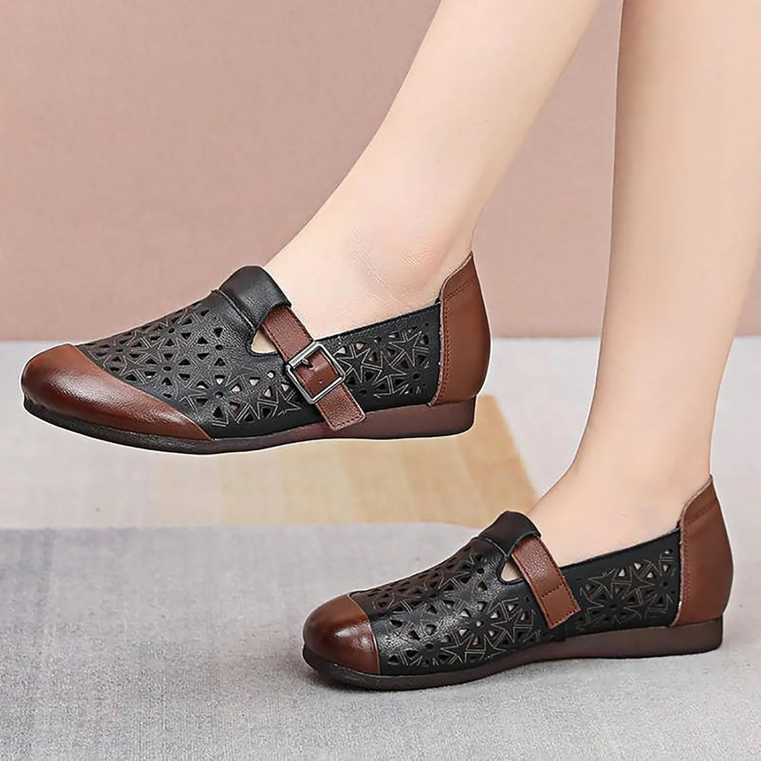 Women's Leather Hollow Flats Loafers,Fashion Side Adjustable Buckle Slip On Comfortable Lightweight Causal Sandals Round Toe Driving Walking Shoe Elegant Soft Sole Mom Shoes
