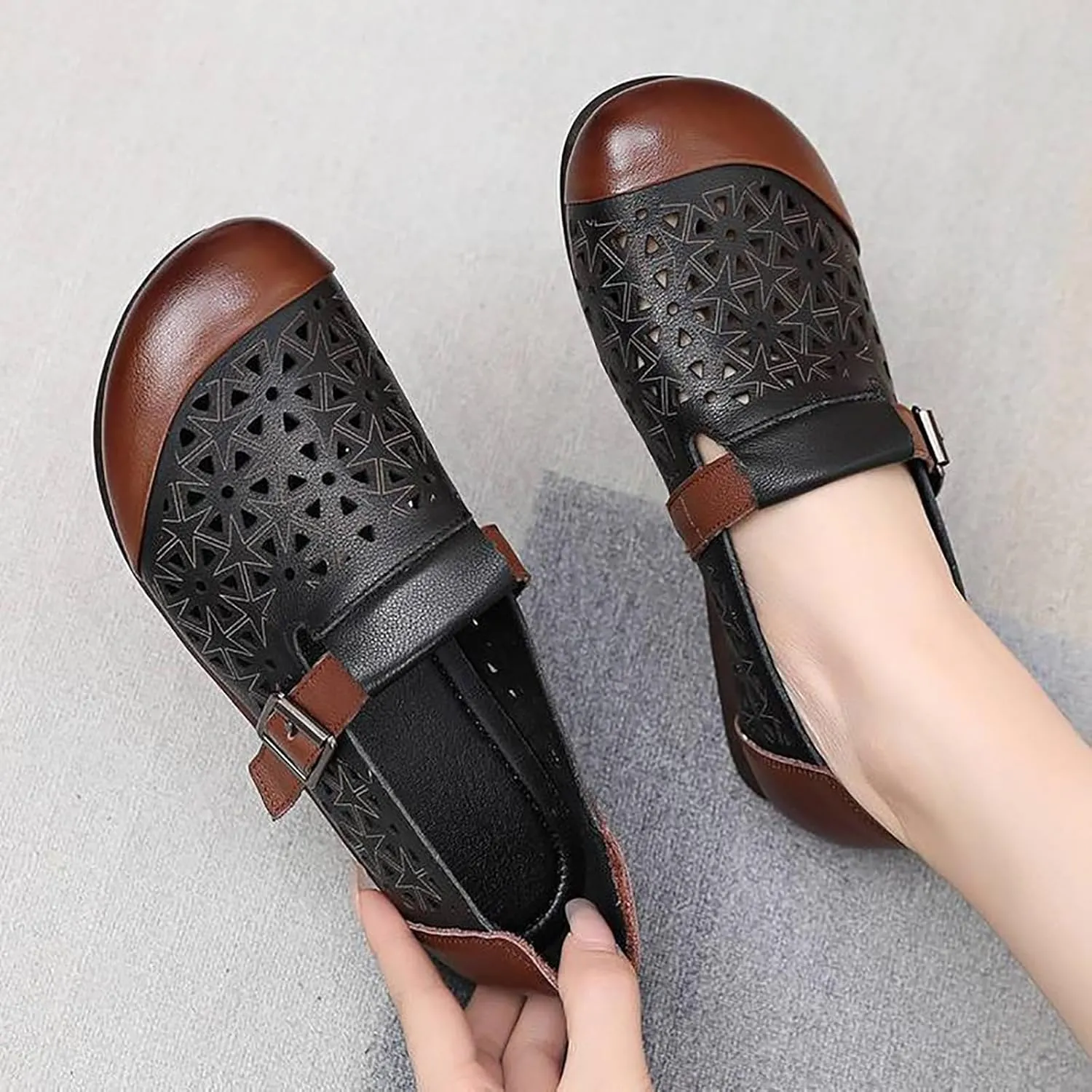 Women's Leather Hollow Flats Loafers,Fashion Side Adjustable Buckle Slip On Comfortable Lightweight Causal Sandals Round Toe Driving Walking Shoe Elegant Soft Sole Mom Shoes