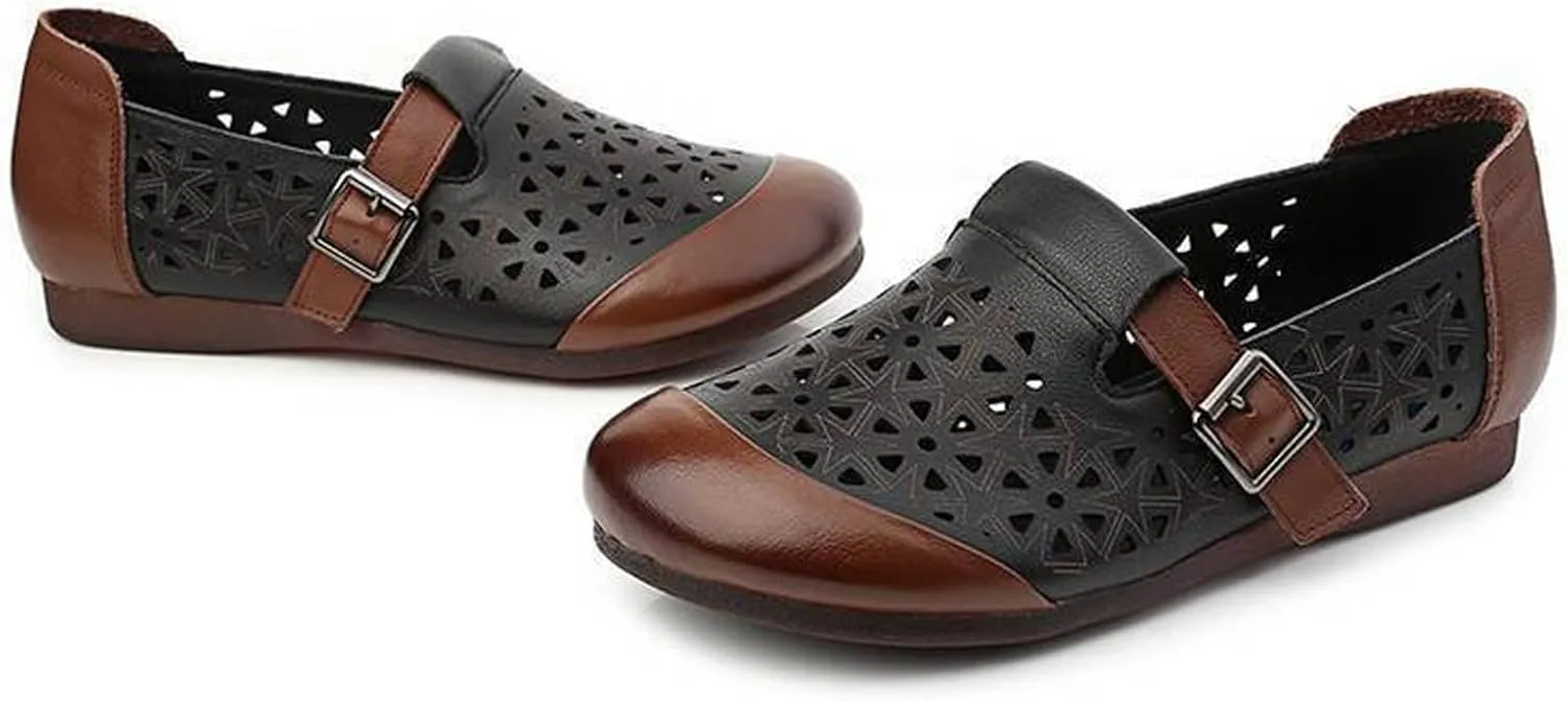 Women's Leather Hollow Flats Loafers,Fashion Side Adjustable Buckle Slip On Comfortable Lightweight Causal Sandals Round Toe Driving Walking Shoe Elegant Soft Sole Mom Shoes