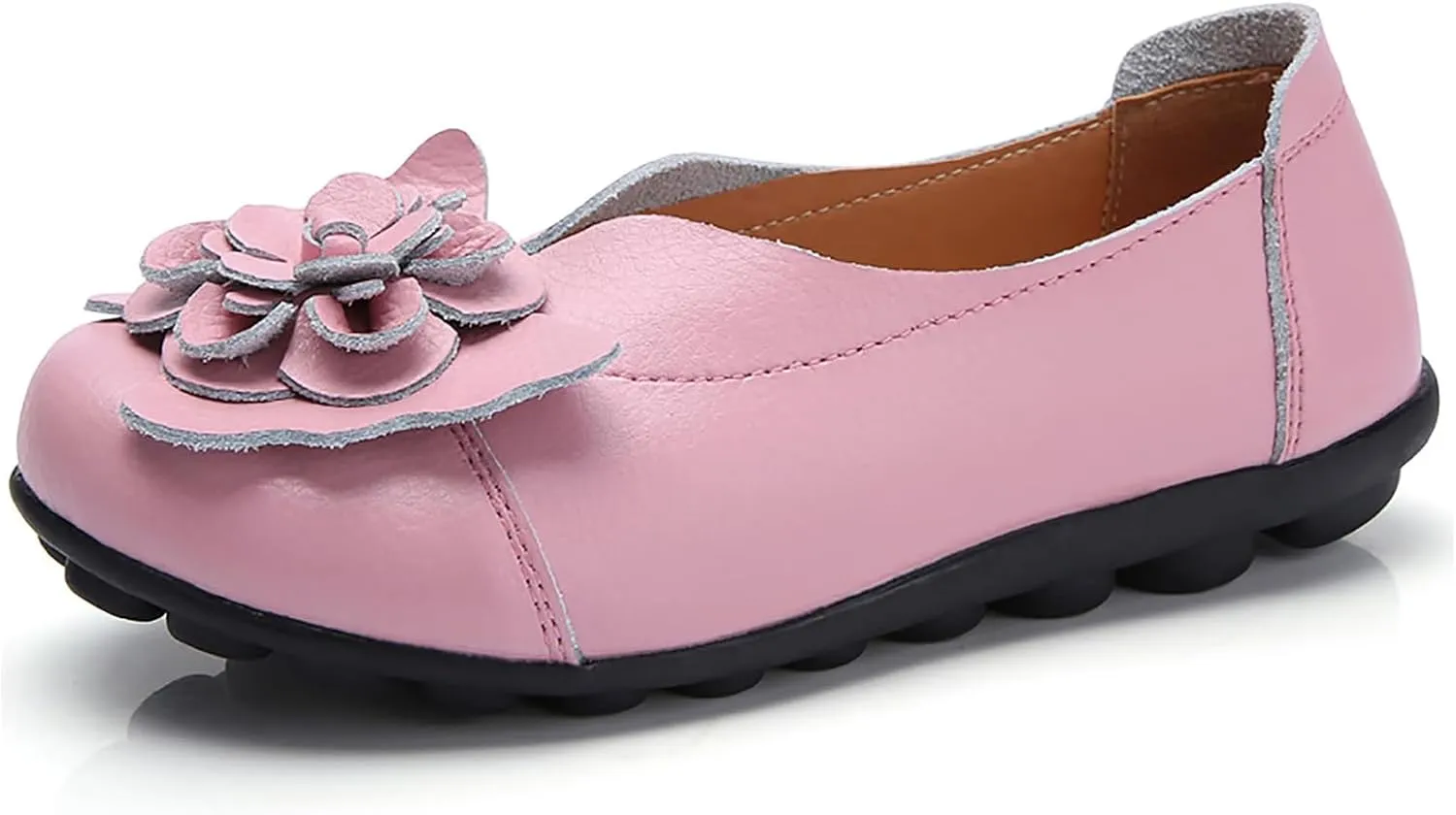 Womens Leather Loafers Flower Cowhide Flat Sandals Comfort Walking Casual Flat Loafer, Round Toe Soft Sole Slip On Sandals Breathable Indoor Outdoor Walking Shoes