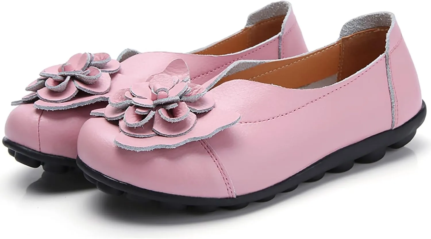 Womens Leather Loafers Flower Cowhide Flat Sandals Comfort Walking Casual Flat Loafer, Round Toe Soft Sole Slip On Sandals Breathable Indoor Outdoor Walking Shoes