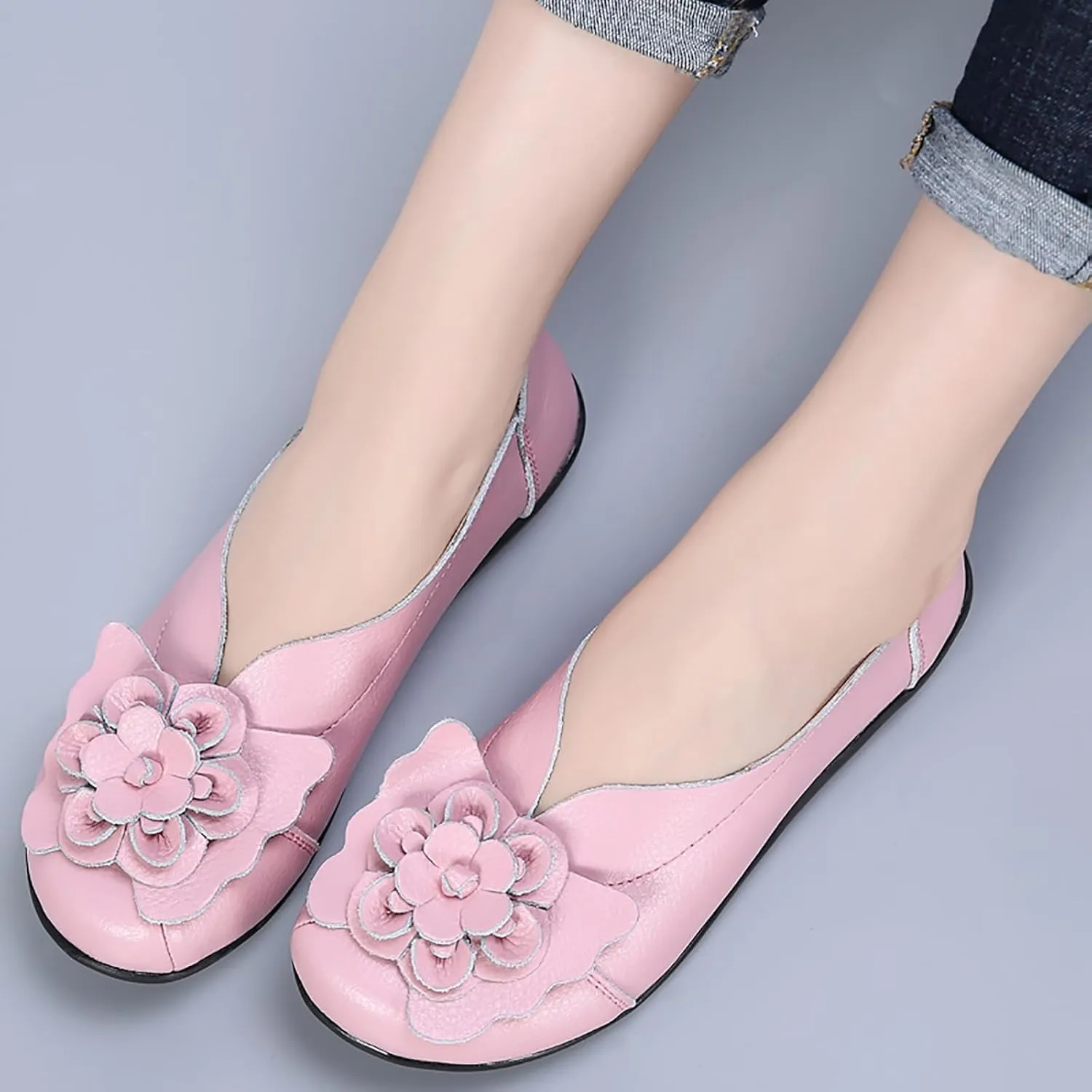 Womens Leather Loafers Flower Cowhide Flat Sandals Comfort Walking Casual Flat Loafer, Round Toe Soft Sole Slip On Sandals Breathable Indoor Outdoor Walking Shoes