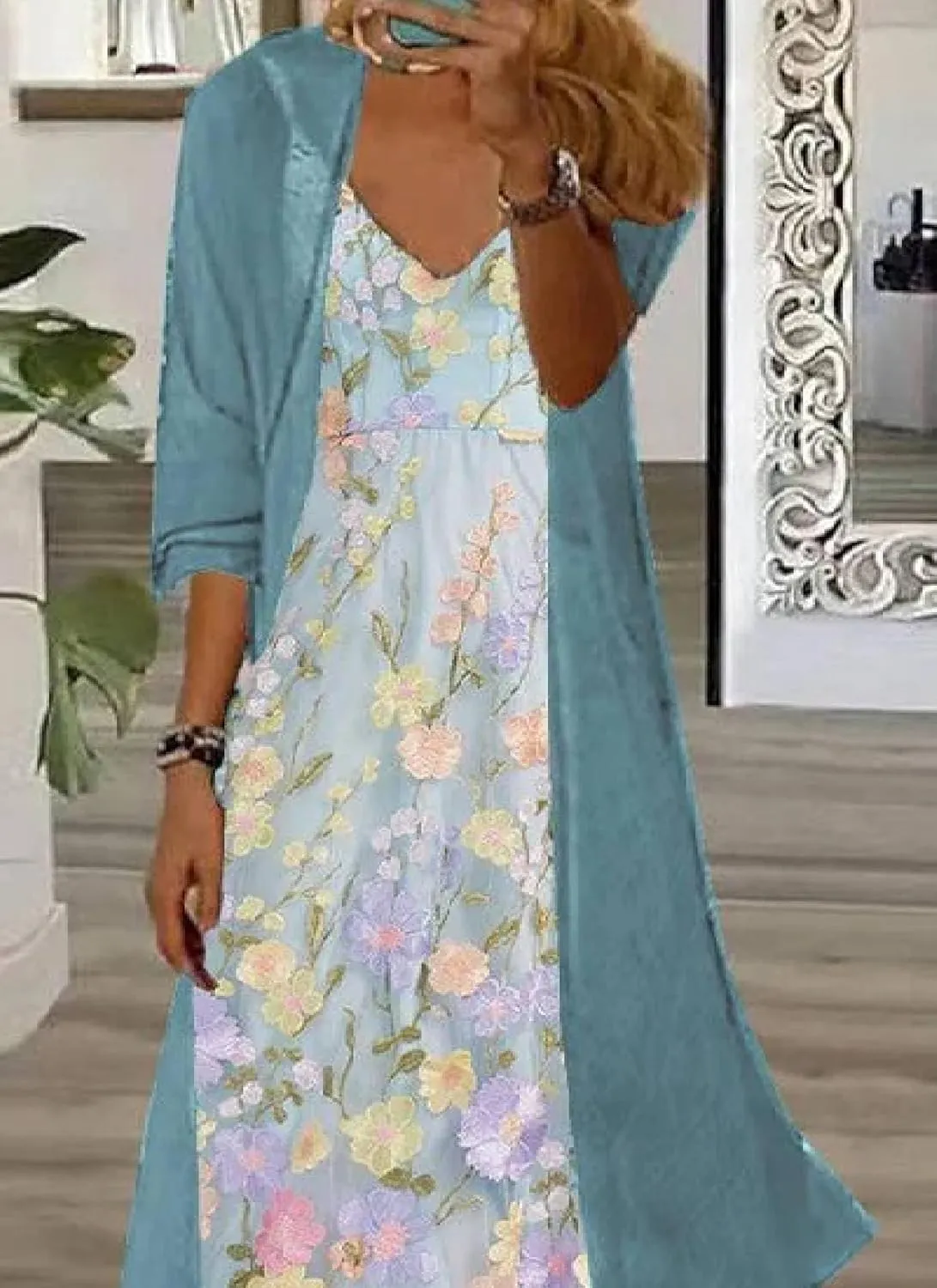 Women's Maxi Dress V-Neck Long Sleeve Shift Romantic Floral with Jacket Loose 2025 Garden Wedding Dress