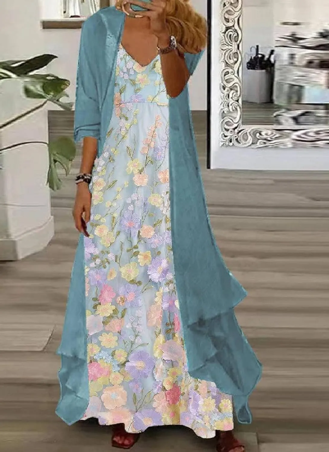 Women's Maxi Dress V-Neck Long Sleeve Shift Romantic Floral with Jacket Loose 2025 Garden Wedding Dress