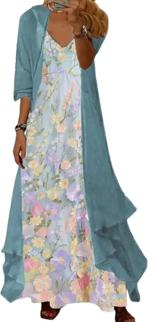 Women's Maxi Dress V-Neck Long Sleeve Shift Romantic Floral with Jacket Loose 2025 Garden Wedding Dress