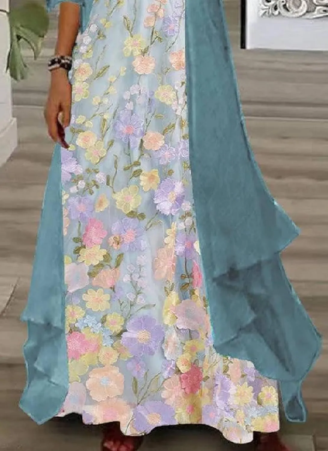 Women's Maxi Dress V-Neck Long Sleeve Shift Romantic Floral with Jacket Loose 2025 Garden Wedding Dress