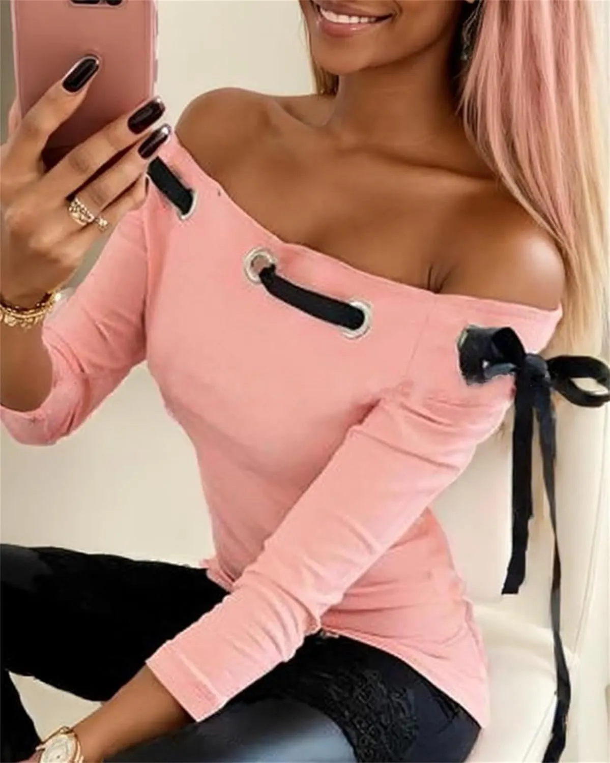 Women's Off The Shoulder Lace-up Tops, Fall Sexy Fitted Long Sleeve Shirts, Spring Casual Pullover T Shirts Blouses for Women