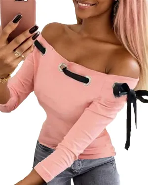 Women's Off The Shoulder Lace-up Tops, Fall Sexy Fitted Long Sleeve Shirts, Spring Casual Pullover T Shirts Blouses for Women