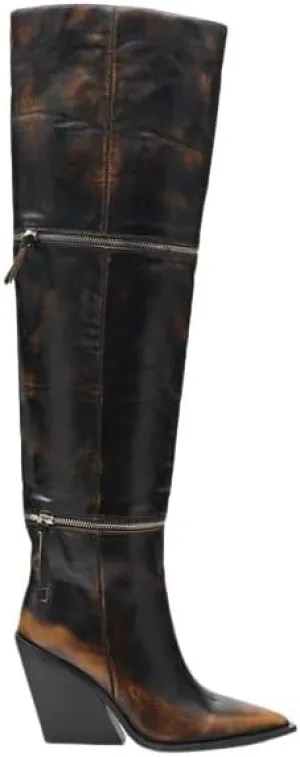 Women's Over-the-Knee Boots, Distressed Leather, Pointed Toe, Double Zipper Detail, Western Wedge Heel, Brown and Black