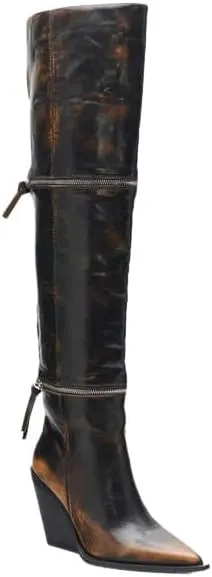 Women's Over-the-Knee Boots, Distressed Leather, Pointed Toe, Double Zipper Detail, Western Wedge Heel, Brown and Black