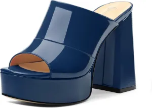 Womens Platform Chunky Heels Sandals Square Open Toe High Heeled Sandals Slip On Slides Dress Party Wedding Shoes
