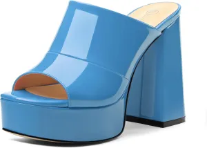 Womens Platform Chunky Heels Sandals Square Open Toe High Heeled Sandals Slip On Slides Dress Party Wedding Shoes