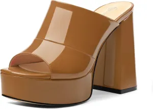 Womens Platform Chunky Heels Sandals Square Open Toe High Heeled Sandals Slip On Slides Dress Party Wedding Shoes