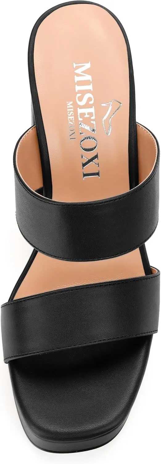 Womens Platform Chunky Heels Sandals Square Open Toe High Heeled Sandals Slip On Slides Dress Party Wedding Shoes