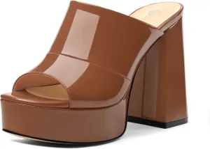 Womens Platform Chunky Heels Sandals Square Open Toe High Heeled Sandals Slip On Slides Dress Party Wedding Shoes