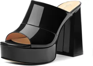 Womens Platform Chunky Heels Sandals Square Open Toe High Heeled Sandals Slip On Slides Dress Party Wedding Shoes