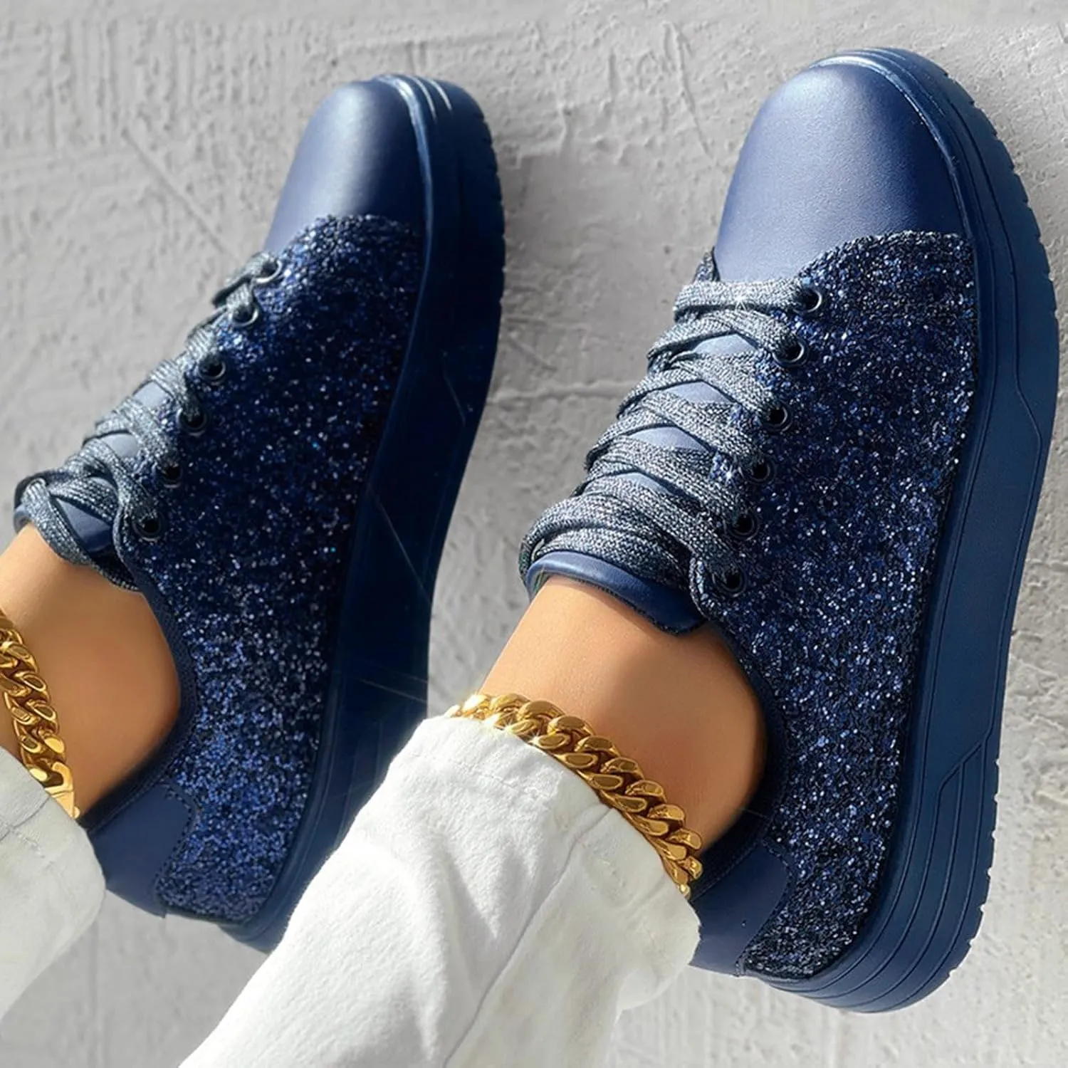 Women's Platform Glitter Fashion Sneakers Dressy Sparkly Tennis Shoes Lace up Bling Wedding Bridal Shoes Shiny Sequin Shoes (a-Blue, 8)