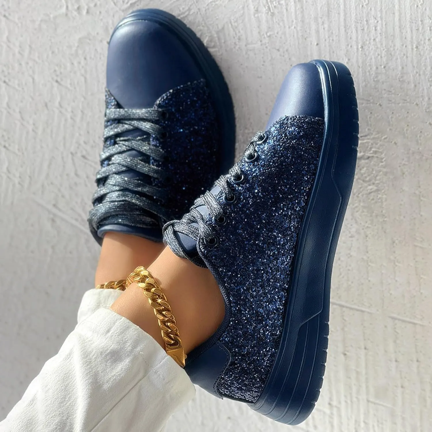 Women's Platform Glitter Fashion Sneakers Dressy Sparkly Tennis Shoes Lace up Bling Wedding Bridal Shoes Shiny Sequin Shoes (a-Blue, 8)