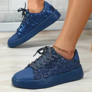 Women's Platform Glitter Fashion Sneakers Dressy Sparkly Tennis Shoes Lace up Bling Wedding Bridal Shoes Shiny Sequin Shoes (a-Blue, 8)