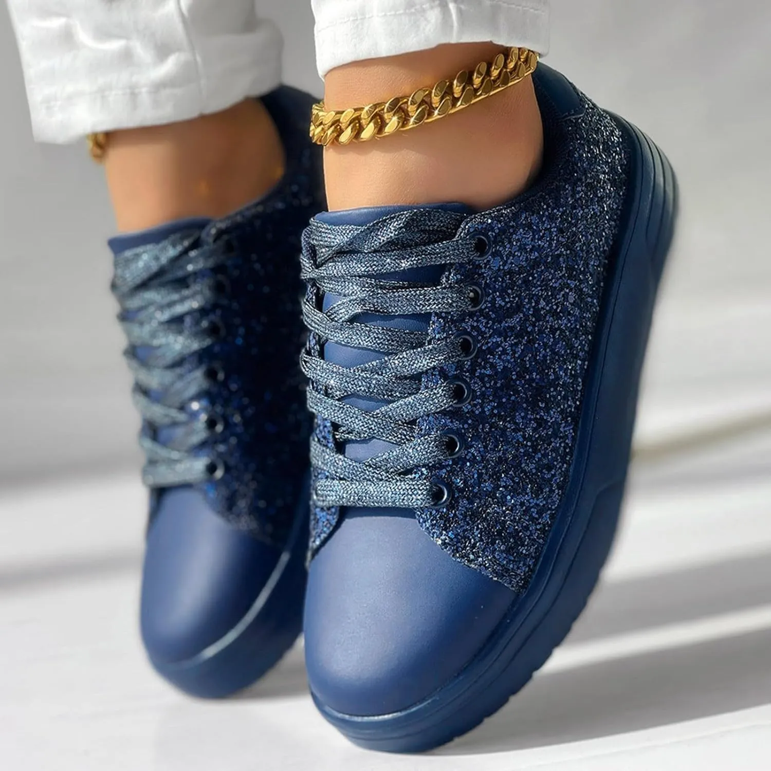 Women's Platform Glitter Fashion Sneakers Dressy Sparkly Tennis Shoes Lace up Bling Wedding Bridal Shoes Shiny Sequin Shoes (a-Blue, 8)