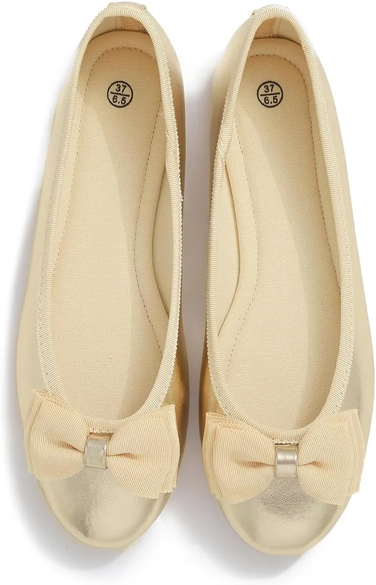 Women's Round Toe Cute Bow Trim Ballet Flats