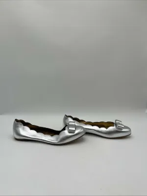 Women’s Salvatore Ferragamo Varina Shell Metallic Leather Flats Silver Size 8.5 - Very Good