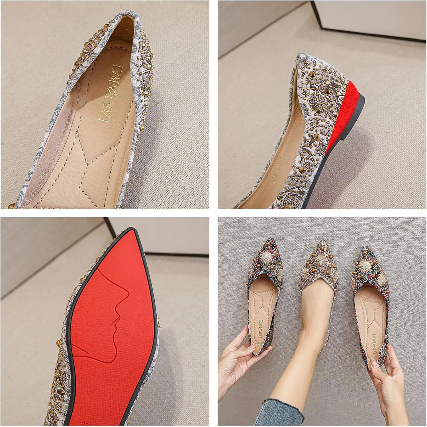Women's Satin Rhinestone Fashion Dress Flats,Comfortable Closed Pointed Toe Leisure Soft Memory Foam Insole Slip-On Ballets Flats,for Wedding Driving Dating Classical Walking