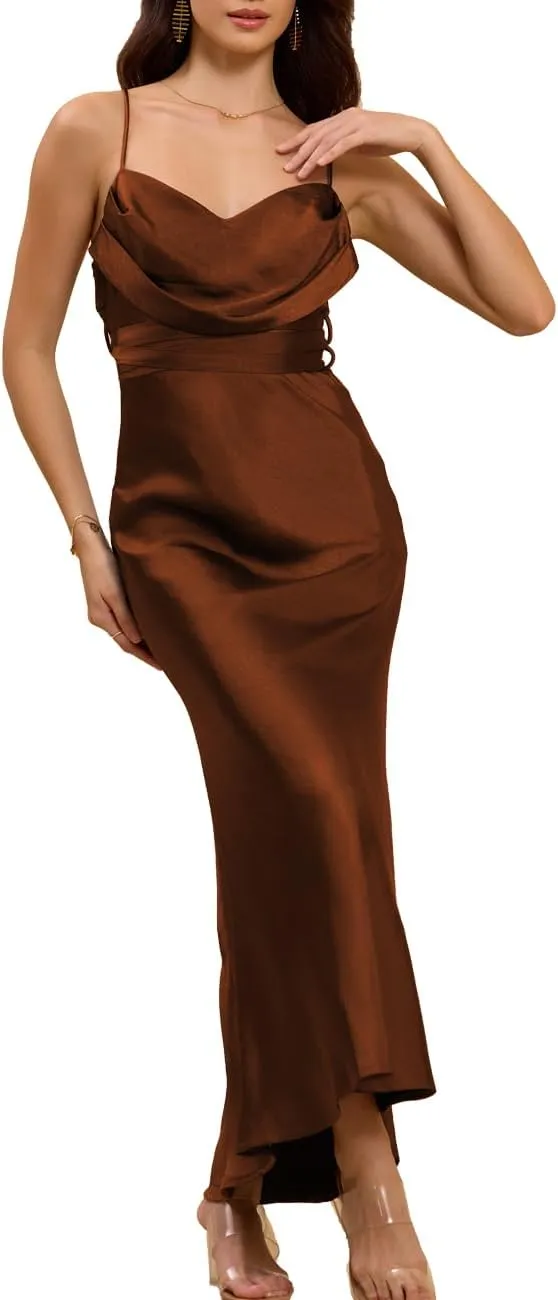 Women's Satin Spaghetti Strap Cowl Neck Backless Midi Wedding Guest Dress Ruched Sleeveless Tie Summer Dresses