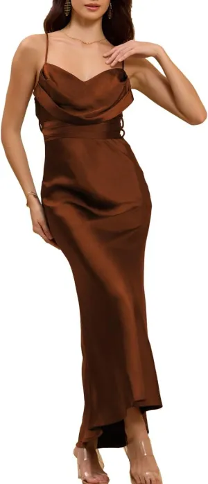 Women's Satin Spaghetti Strap Cowl Neck Backless Midi Wedding Guest Dress Ruched Sleeveless Tie Summer Dresses