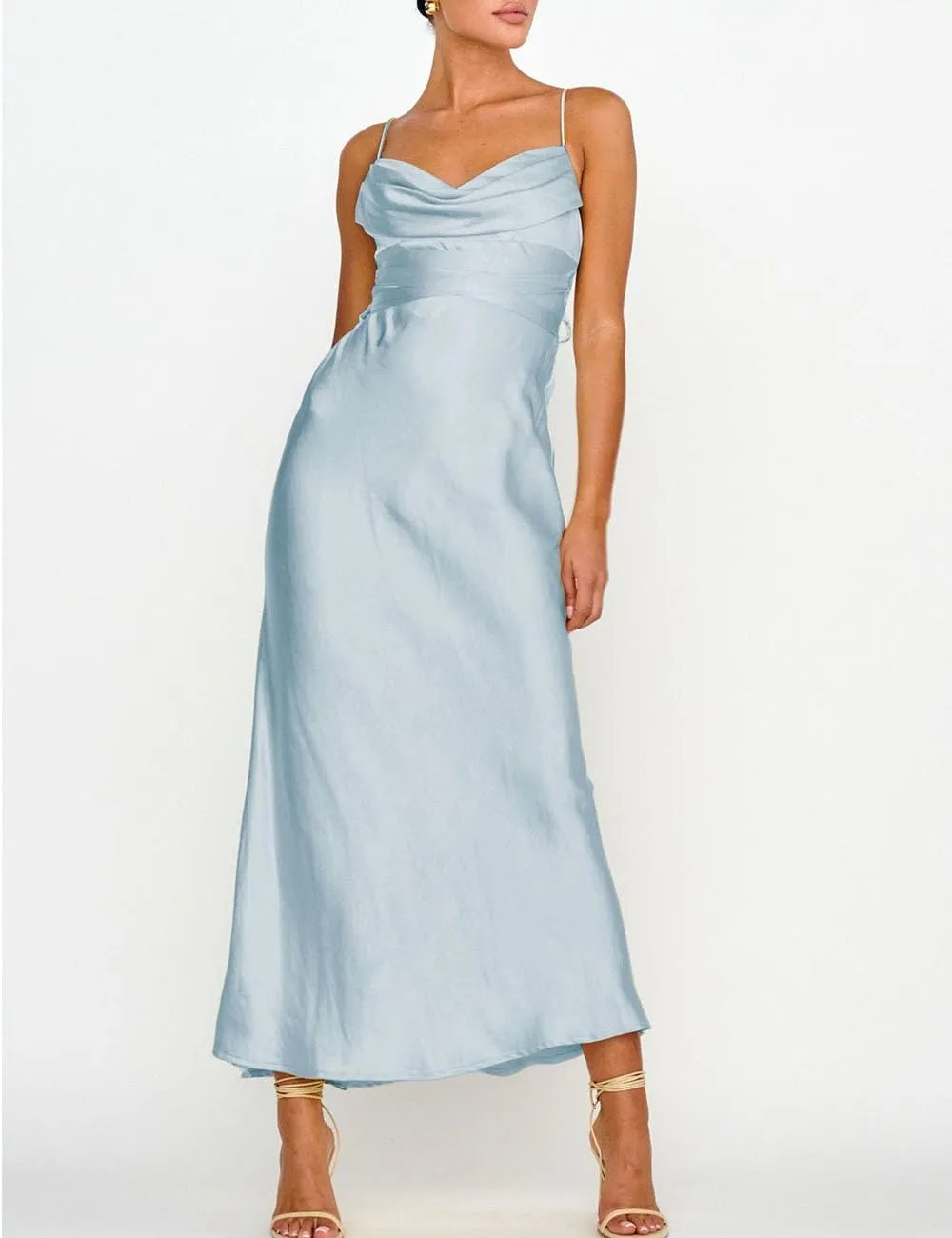 Women's Satin Spaghetti Strap Cowl Neck Backless Midi Wedding Guest Dress Ruched Sleeveless Tie Summer Dresses