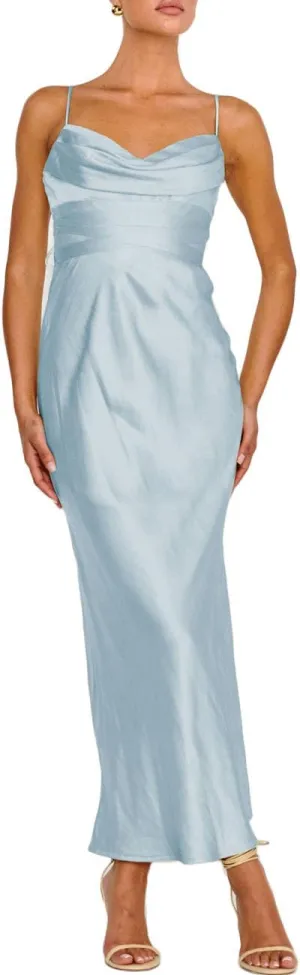 Women's Satin Spaghetti Strap Cowl Neck Backless Midi Wedding Guest Dress Ruched Sleeveless Tie Summer Dresses