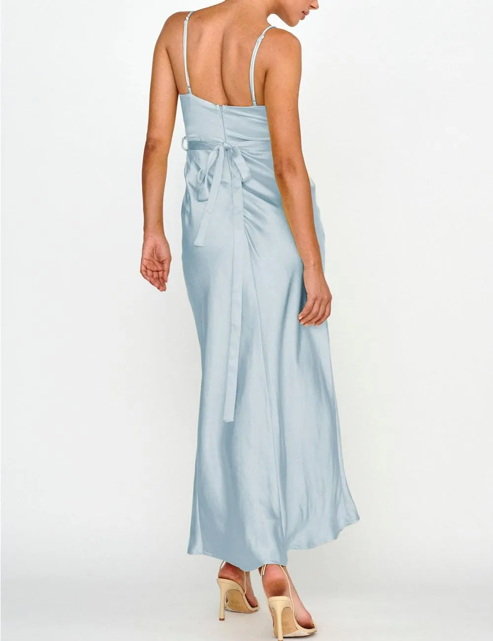 Women's Satin Spaghetti Strap Cowl Neck Backless Midi Wedding Guest Dress Ruched Sleeveless Tie Summer Dresses