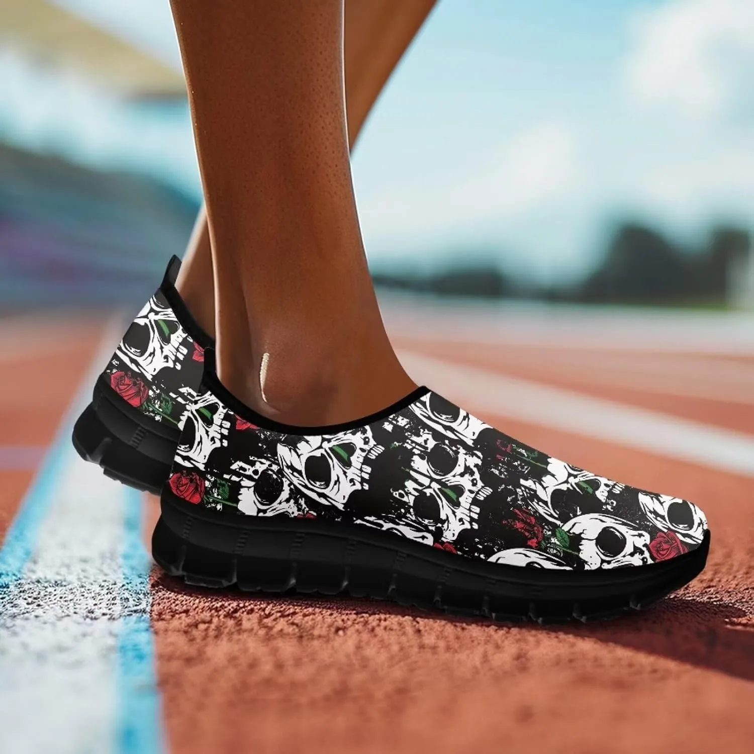 Women's Skull Sneaker Casual Low Top Walking Sneaker Outdoor Breathable Slip On Lightweight Soft Shoes for Women