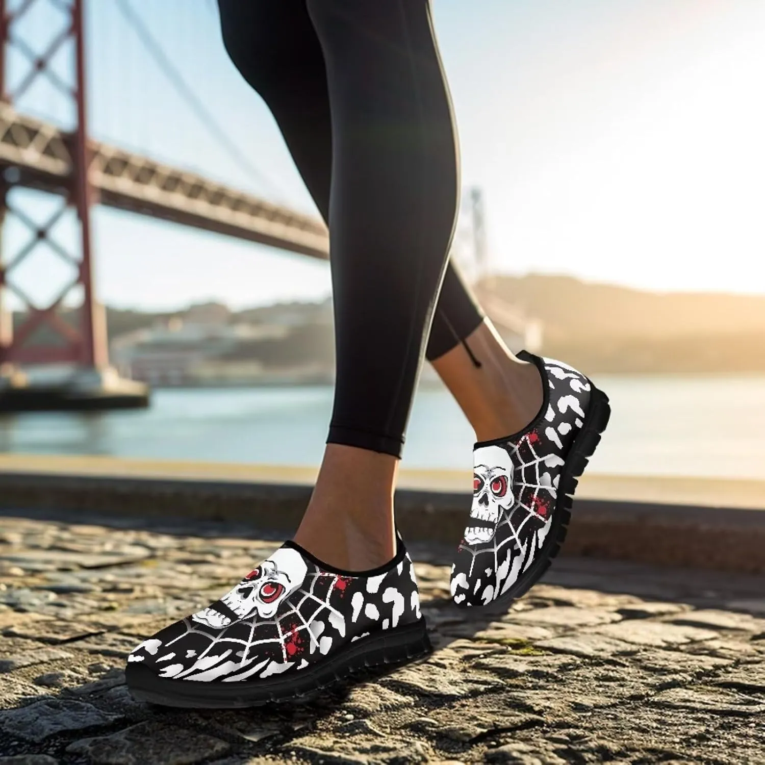 Women's Skull Sneaker Casual Low Top Walking Sneaker Outdoor Breathable Slip On Lightweight Soft Shoes for Women