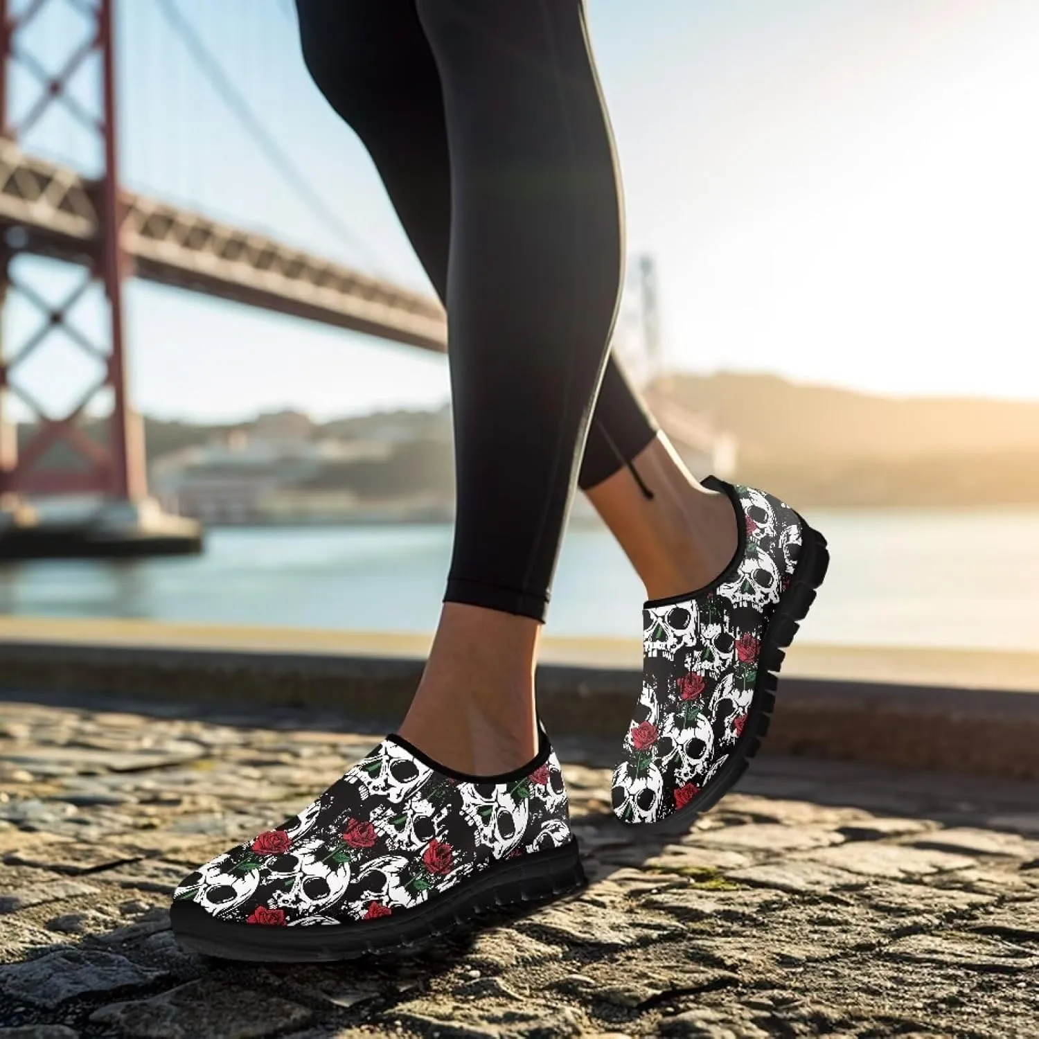 Women's Skull Sneaker Casual Low Top Walking Sneaker Outdoor Breathable Slip On Lightweight Soft Shoes for Women