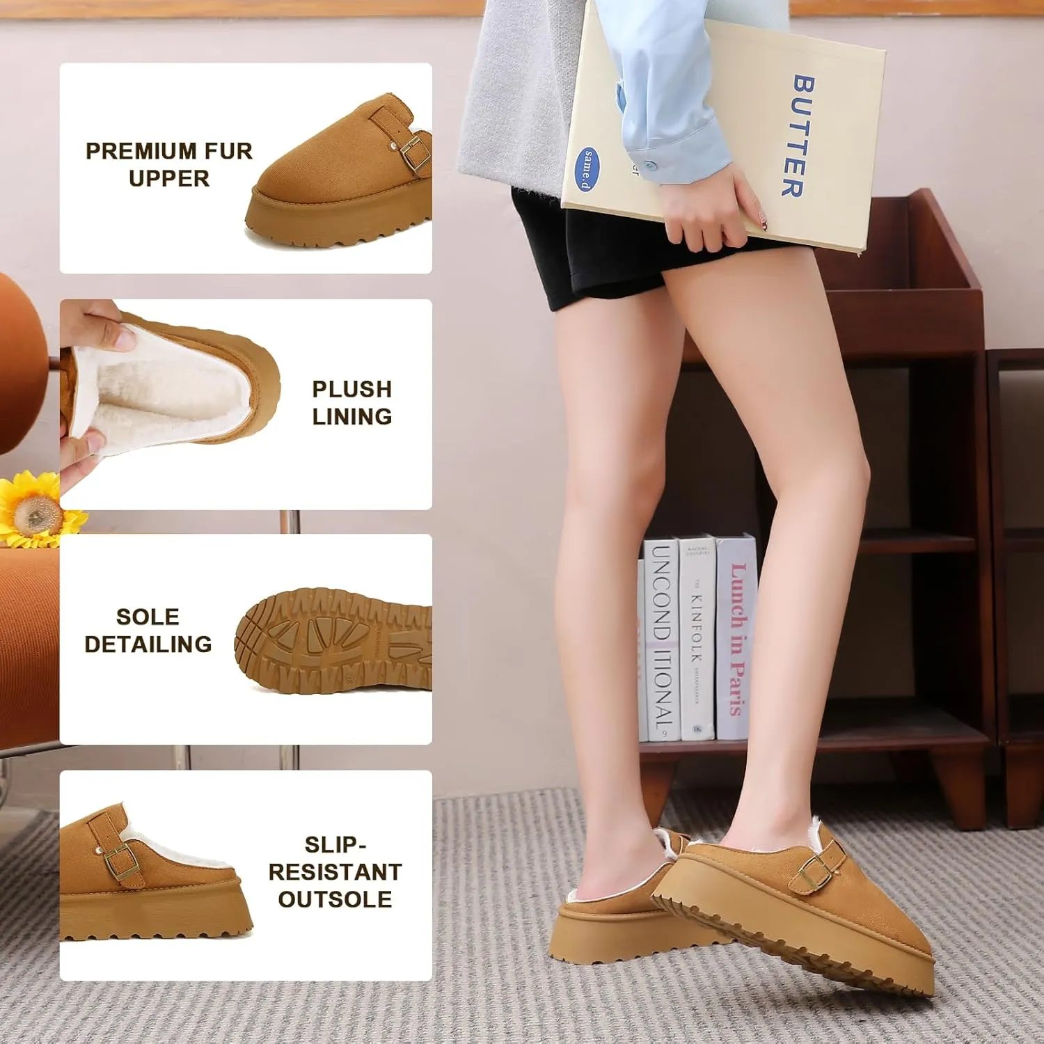 Women's Slippers Platform Boots, Fur Fleece Lined Short Ankle Boots Comfy House Slippers Slip on Winter Mini Boots, Warm Snow Boots for Indoor Outdoor Fall Slippers