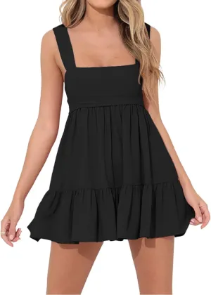 Womens Square Neck Ruffle Empire Waist Backless Sleeveless Flowy Swing Tie Back Short Casual Summer Mini Dress