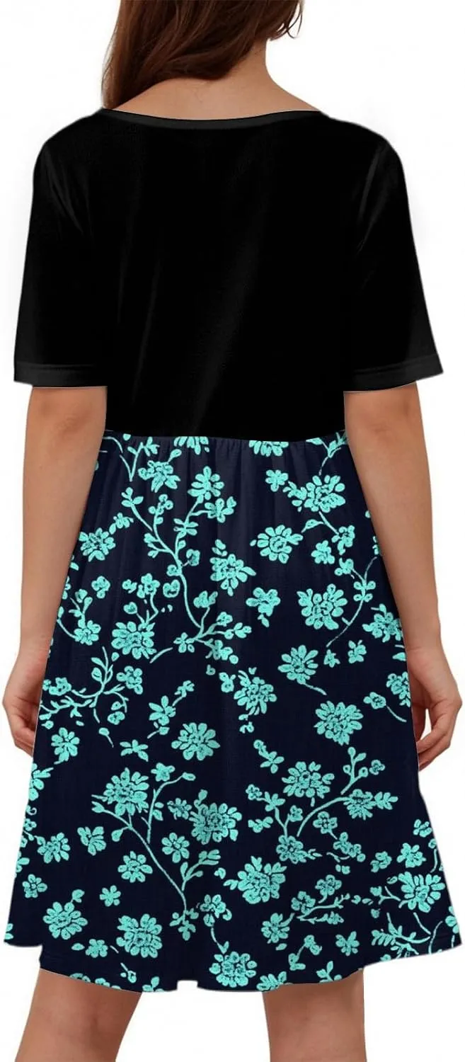 Women's Summer Floral Print Midi Dress with Short Sleeves Button Front Casual A-Line for Beach and Daily Wear