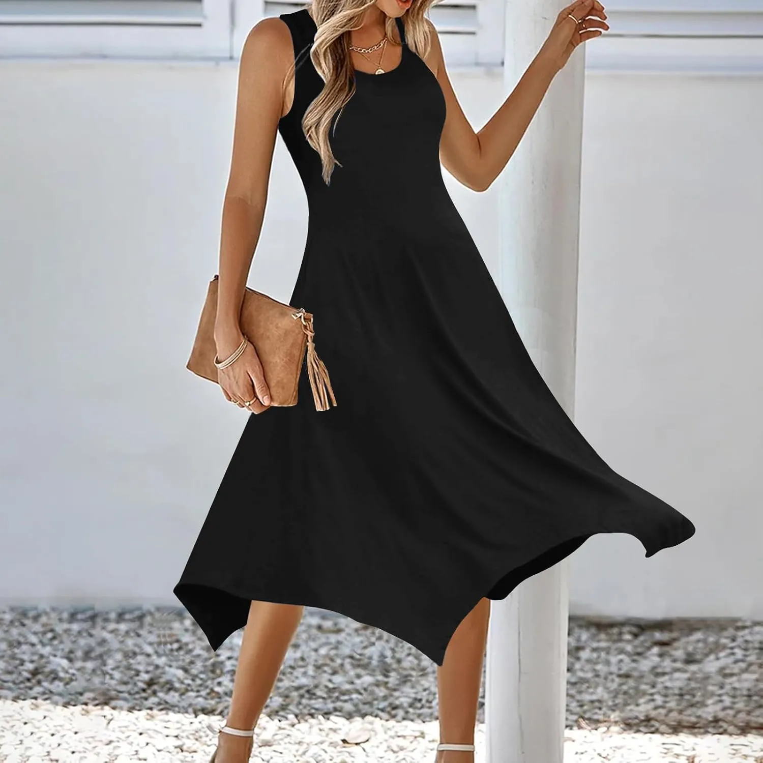 Women's Trendy Dress Round Neck Sleeveless Dress Casual Irregular A-line Hem Long Dresses Daily Vacation Wear