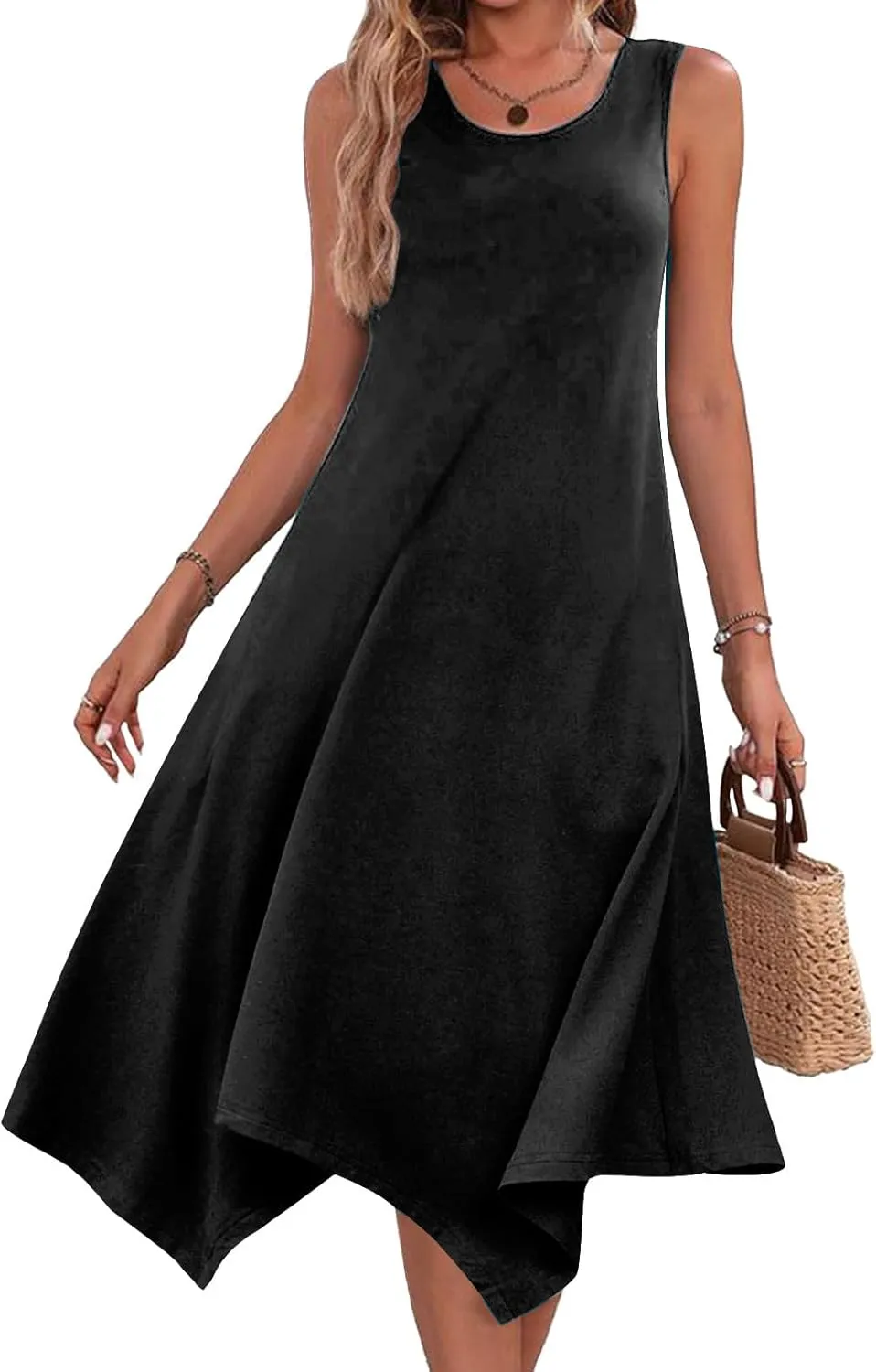 Women's Trendy Dress Round Neck Sleeveless Dress Casual Irregular A-line Hem Long Dresses Daily Vacation Wear