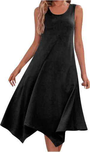Women's Trendy Dress Round Neck Sleeveless Dress Casual Irregular A-line Hem Long Dresses Daily Vacation Wear