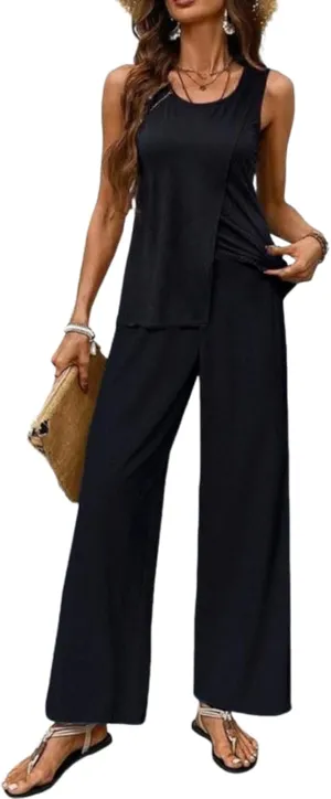 Women's Two Piece Set Sleeveless Top and Wide Leg Pants 2025 Summer Stylish Leaf Print Casual Vacation Outfit Set