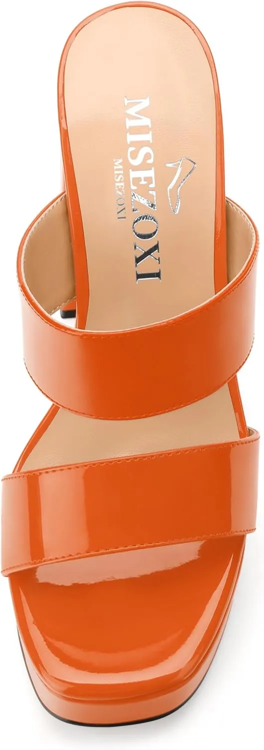Women's Two Straps High Chunky Heels Sandals Slip on Open Square Toe Block Platform Heels Sandals for Women Holiday Party Wedding Dress Sandals Shoes