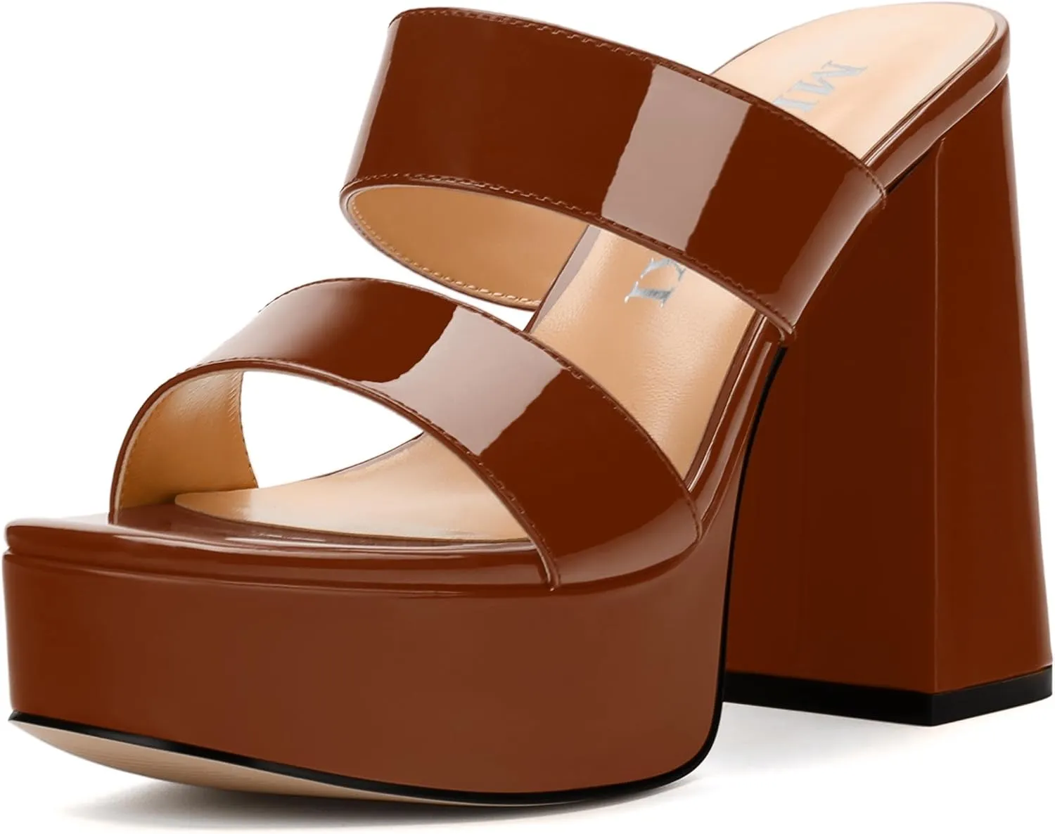 Women's Two Straps High Chunky Heels Sandals Slip on Open Square Toe Block Platform Heels Sandals for Women Holiday Party Wedding Dress Sandals Shoes