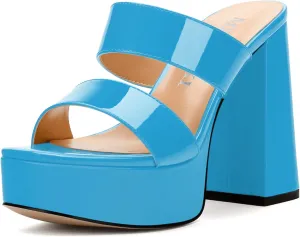 Women's Two Straps High Chunky Heels Sandals Slip on Open Square Toe Block Platform Heels Sandals for Women Holiday Party Wedding Dress Sandals Shoes