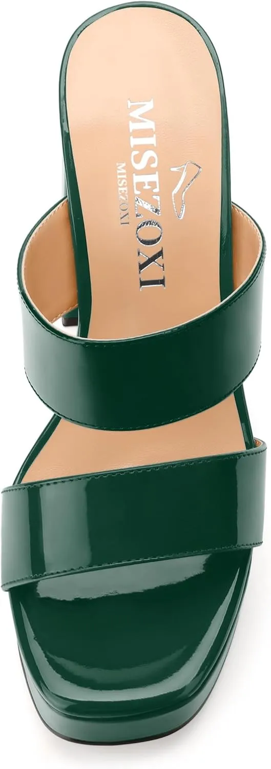 Women's Two Straps High Chunky Heels Sandals Slip on Open Square Toe Block Platform Heels Sandals for Women Holiday Party Wedding Dress Sandals Shoes
