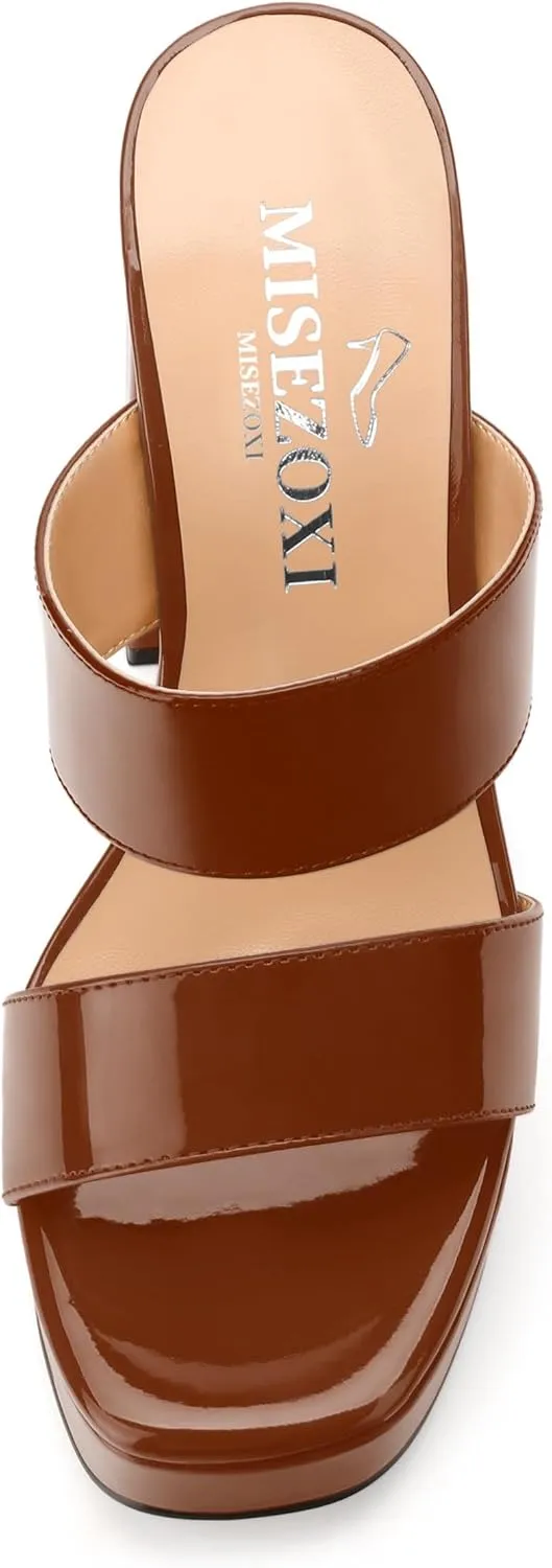 Women's Two Straps High Chunky Heels Sandals Slip on Open Square Toe Block Platform Heels Sandals for Women Holiday Party Wedding Dress Sandals Shoes
