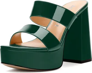 Women's Two Straps High Chunky Heels Sandals Slip on Open Square Toe Block Platform Heels Sandals for Women Holiday Party Wedding Dress Sandals Shoes
