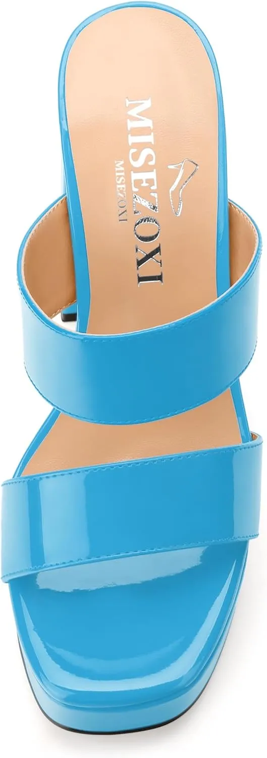 Women's Two Straps High Chunky Heels Sandals Slip on Open Square Toe Block Platform Heels Sandals for Women Holiday Party Wedding Dress Sandals Shoes